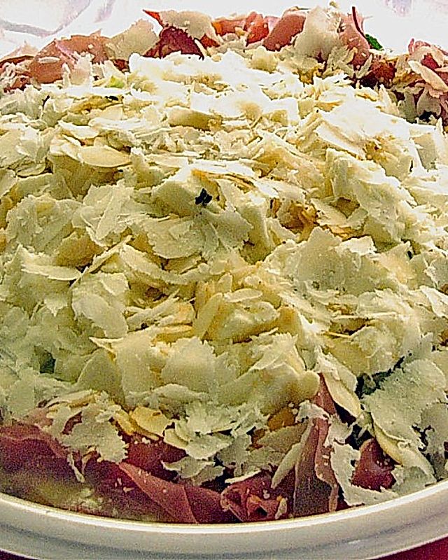 Rucola - Lollo Rossa - Salat mit Mozarella, Pfirsich und Schinken