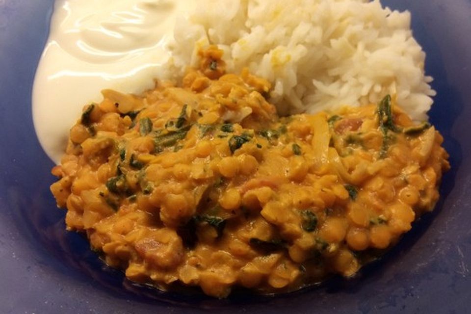 Linsen-Spinat-Dal mit Garam-Masala-Sauce, Reis und Joghurt