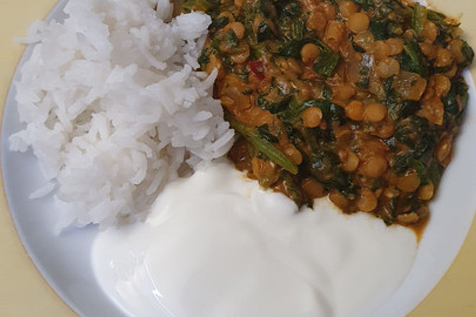 Linsen-Spinat-Dal mit Garam-Masala-Sauce, Reis und Joghurt