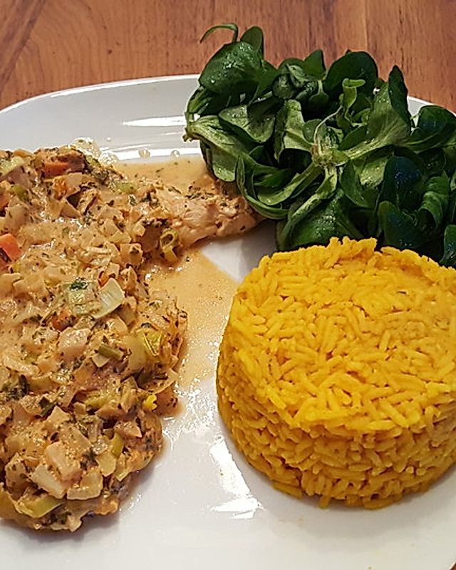 Kräuter-Hähnchen mit Reis und Feldsalat