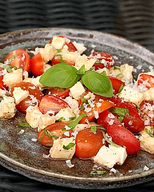 Tomaten-Mozzarella-Salat mit Parmesan, viel Knoblauch und Basilikum