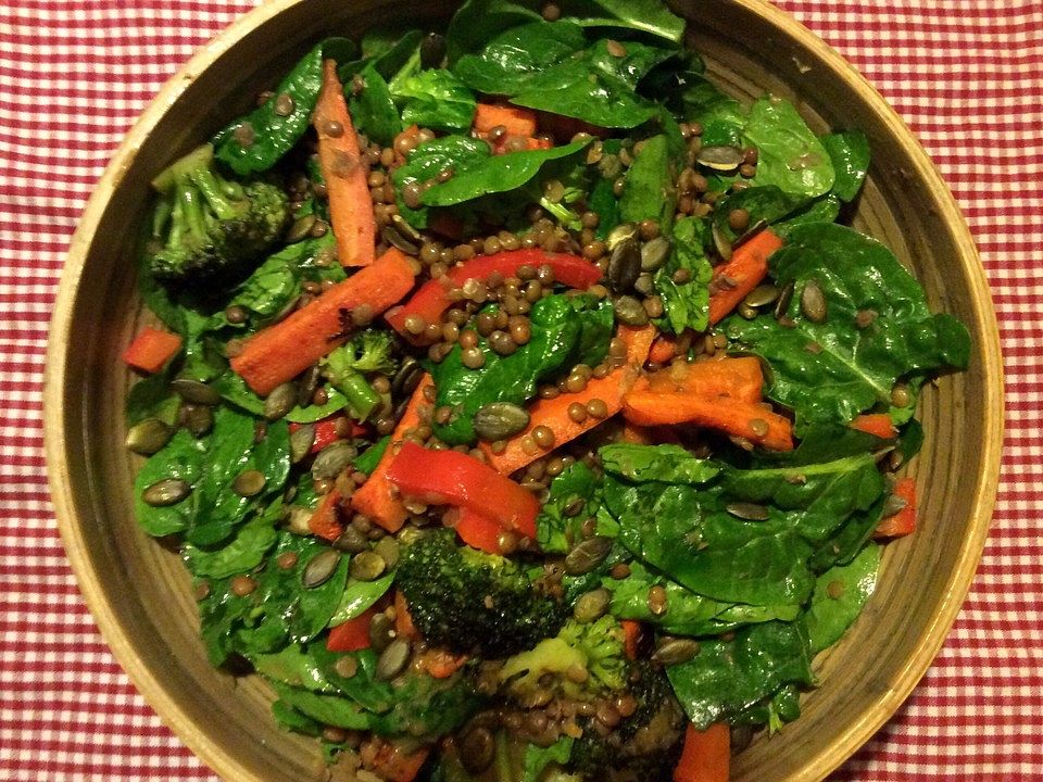 Linsen-Spinat-Salat mit Röstgemüse von energybird| Chefkoch