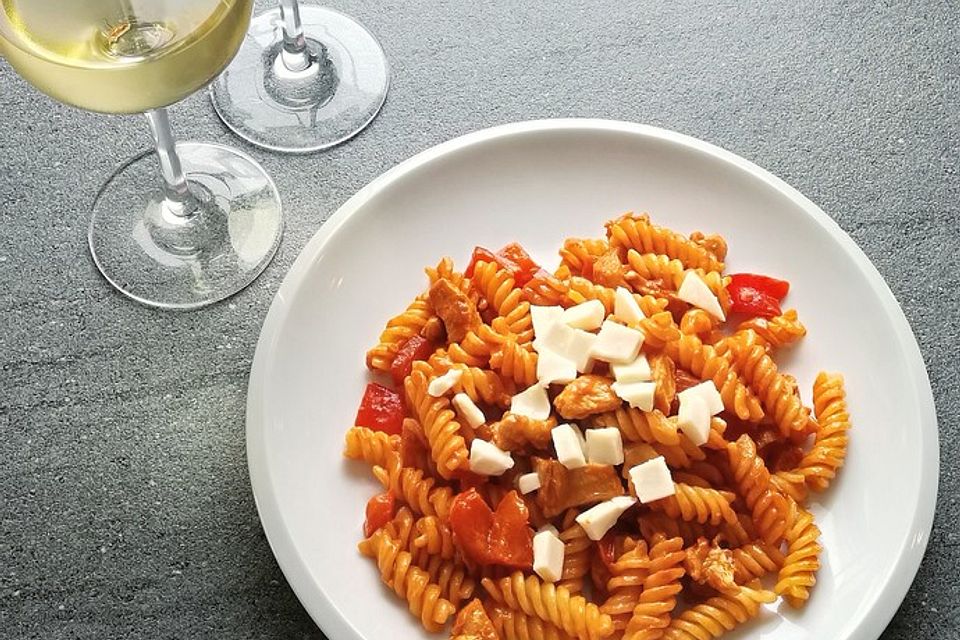 Cremige Hähnchen-Paprika-Pasta mit Mozzarellawürfeln