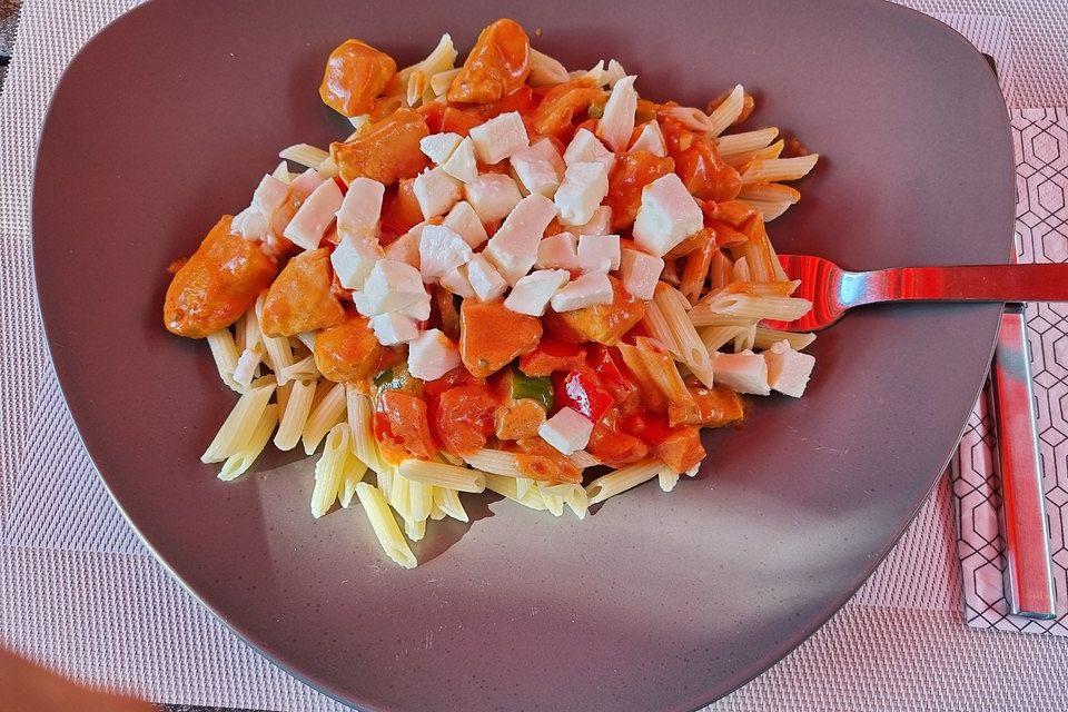 Cremige Hähnchen-Paprika-Pasta mit Mozzarellawürfeln