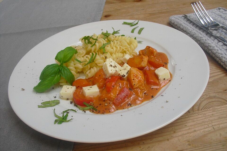 Cremige Hähnchen-Paprika-Pasta mit Mozzarellawürfeln