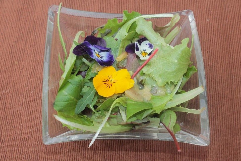 Blattsalat mit Blüten und Apfelmusdressing