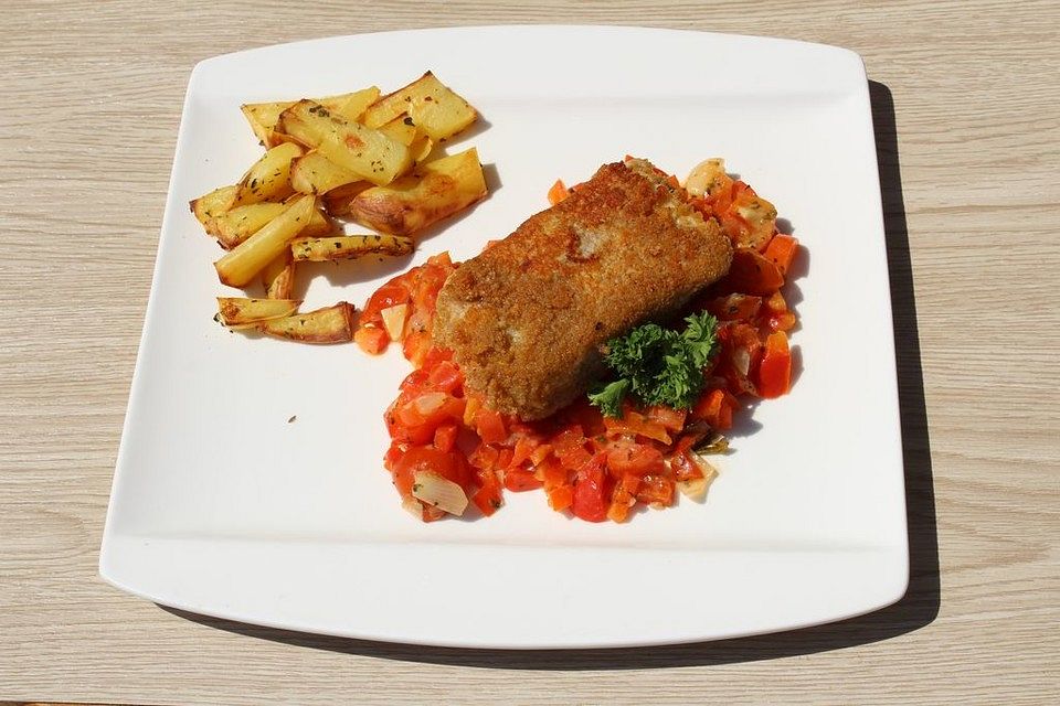 Paniertes Fischfilet zu Paprikagemüse