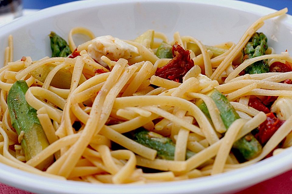 Farfalle mit grünem Spargel und Tomaten