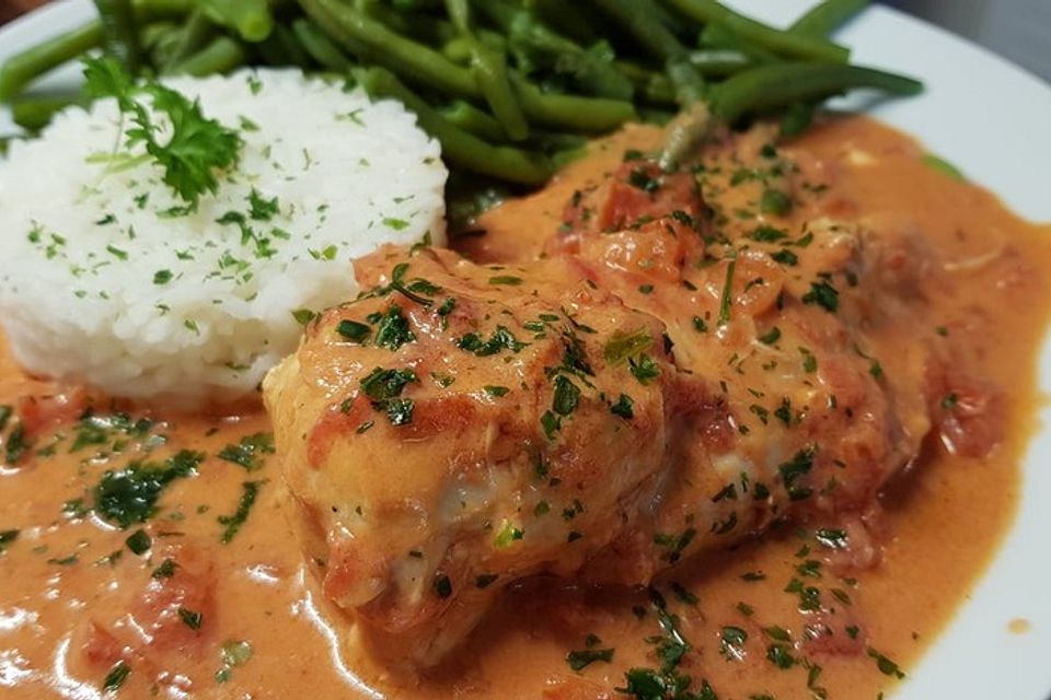 Geschmorte Hühnerbrust in Tomaten-Frischkäse-Soße