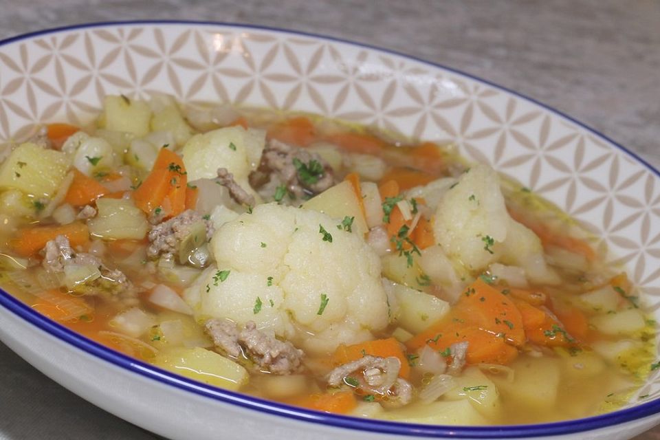 Möhren-Blumenkohl-Eintopf mit Hackfleisch