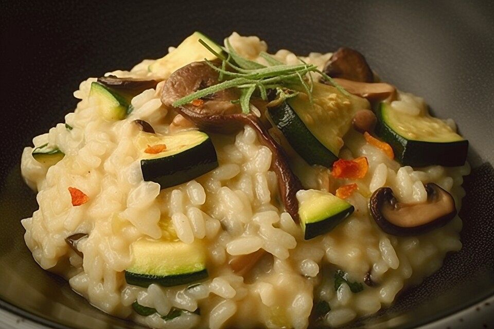 Japanisches Risotto mit Zucchini, Shiitake und Seegras