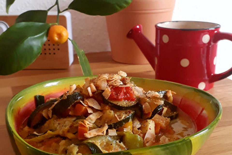 Fruchtiges Zitronen-Kokos-Curry auf Lauchnudeln