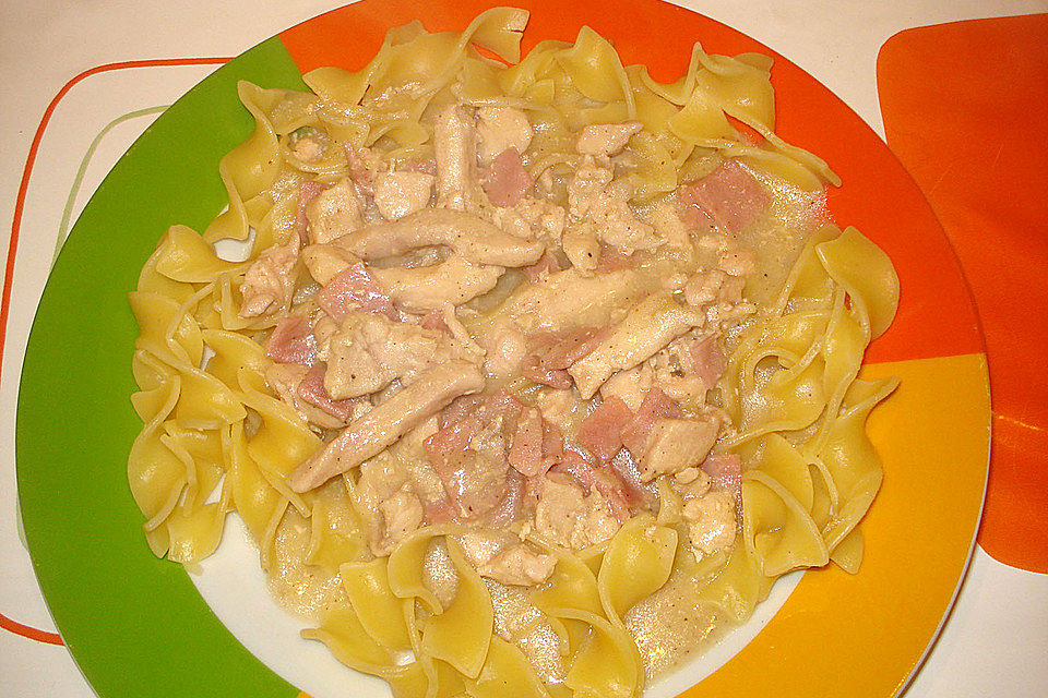 Nudeln mit Hähnchen-Schinken-Soße