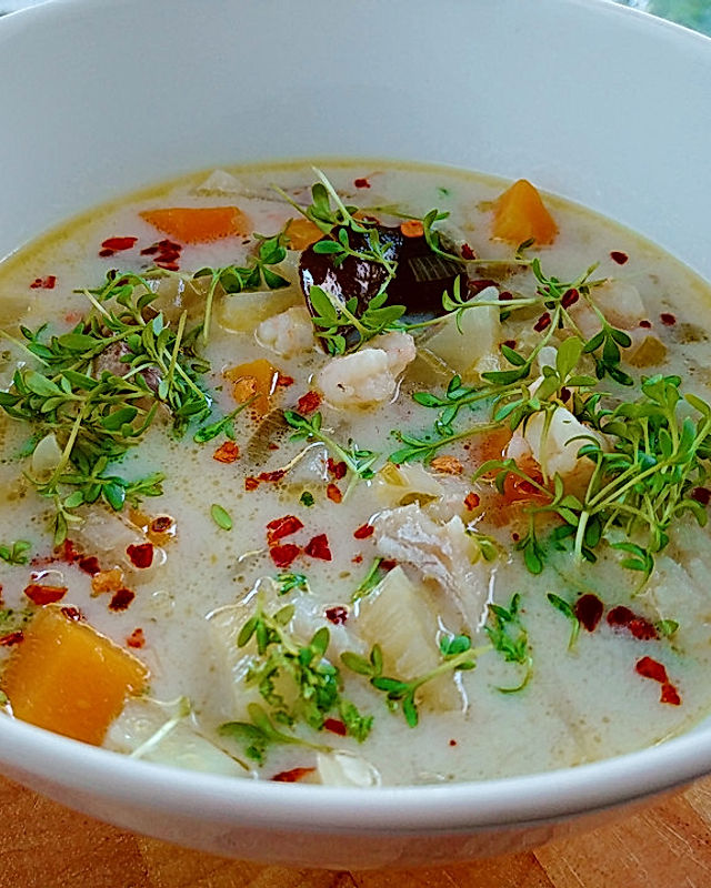 Fischsuppe mit Fenchel, Garnelen und Kokos