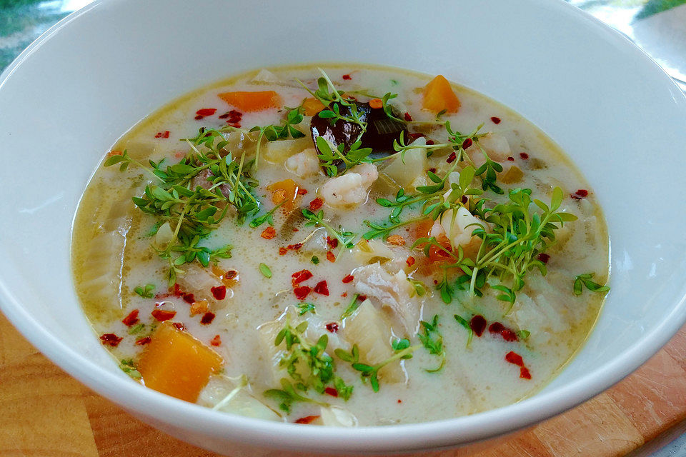 Fischsuppe mit Fenchel, Garnelen und Kokos