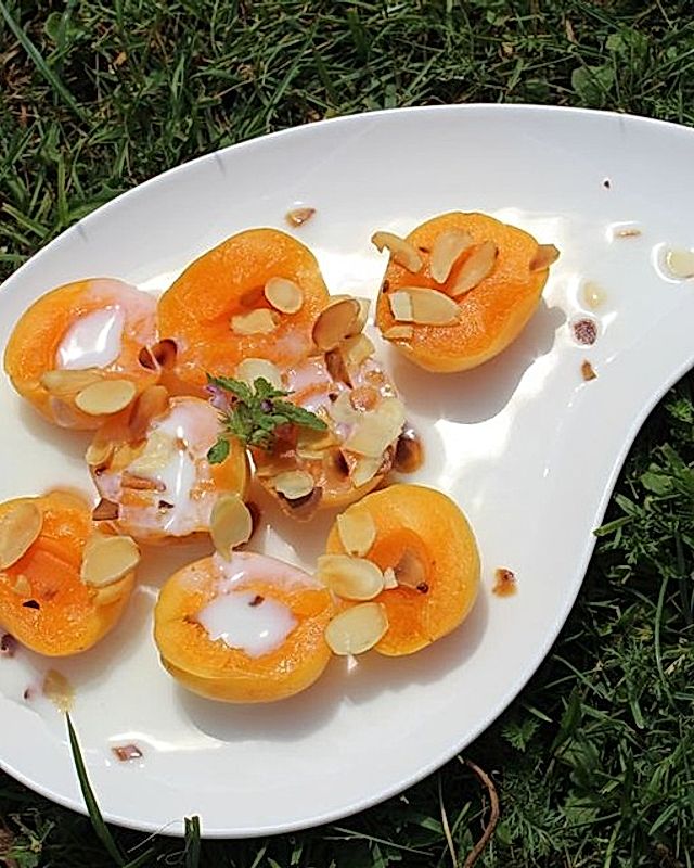 Aprikosenhälften mit Honig-Buttermilch-Sauce und gerösteten Mandelblättchen