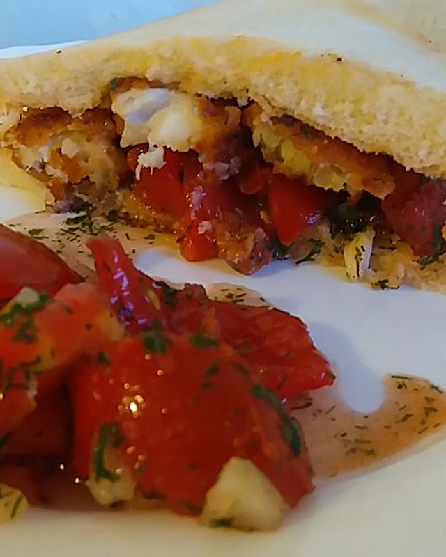 Fischstäbchen-Tomatensalat-Sandwich