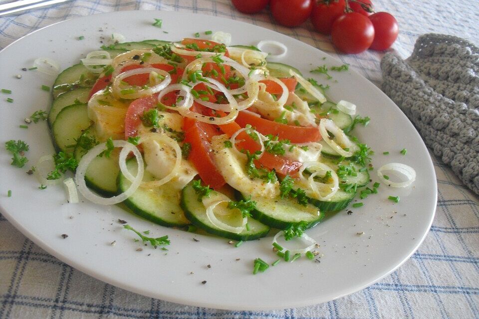 Tomaten-Gurken-Salat mit Kräuter-Milch-Dressing