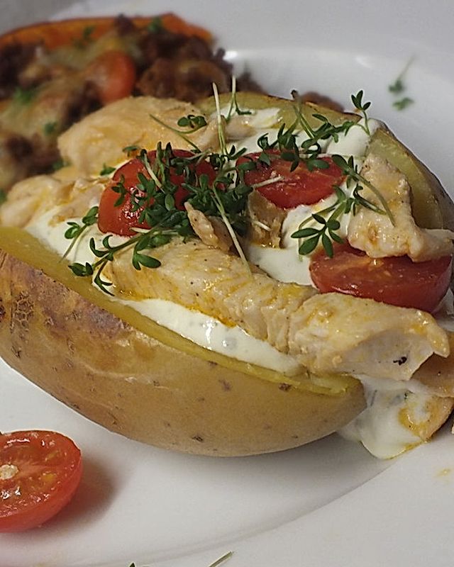 Ofenkartoffeln mit Hähnchen-Kirschtomaten-Füllung und Dip