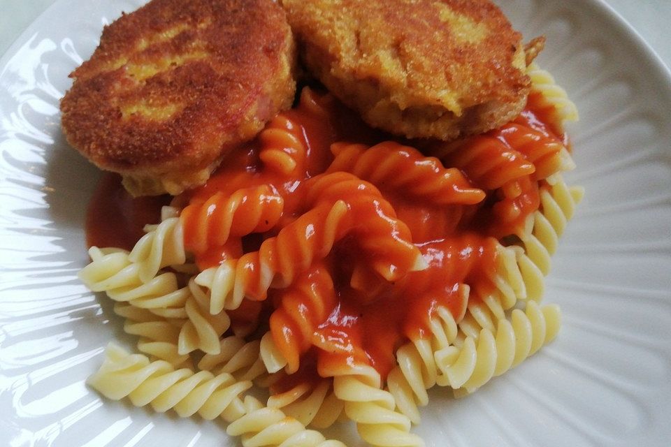 Jägerschnitzel mit Nudeln und Tomatensoße