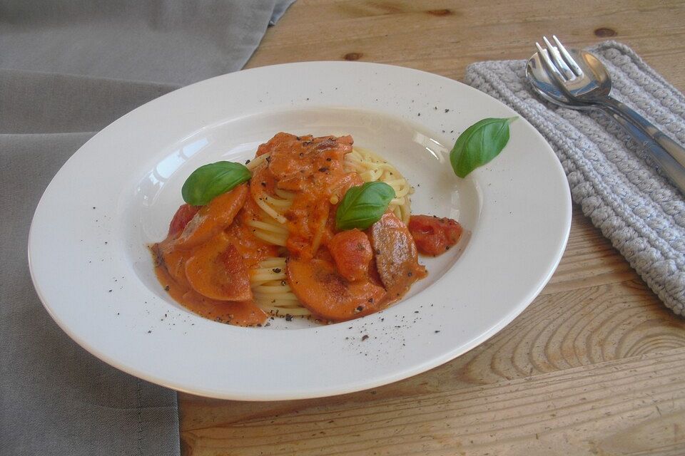 Spaghetti mit Lyoner in Tomaten-Sahnesauce