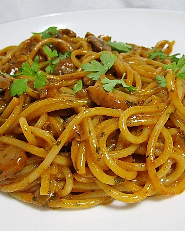 One Pot Spaghetti mit Pilzen