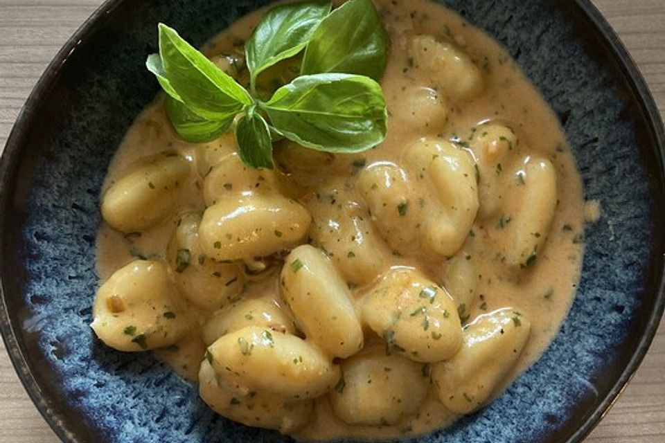 Gnocchi in Speck-Tomaten-Sahne-Soße mit Bergkäse