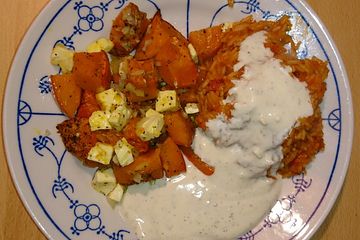 Kurbis Feta Mix Aus Dem Ofen Mit Tomatenreis Und Krauterdip Von Krissi1707 Chefkoch 