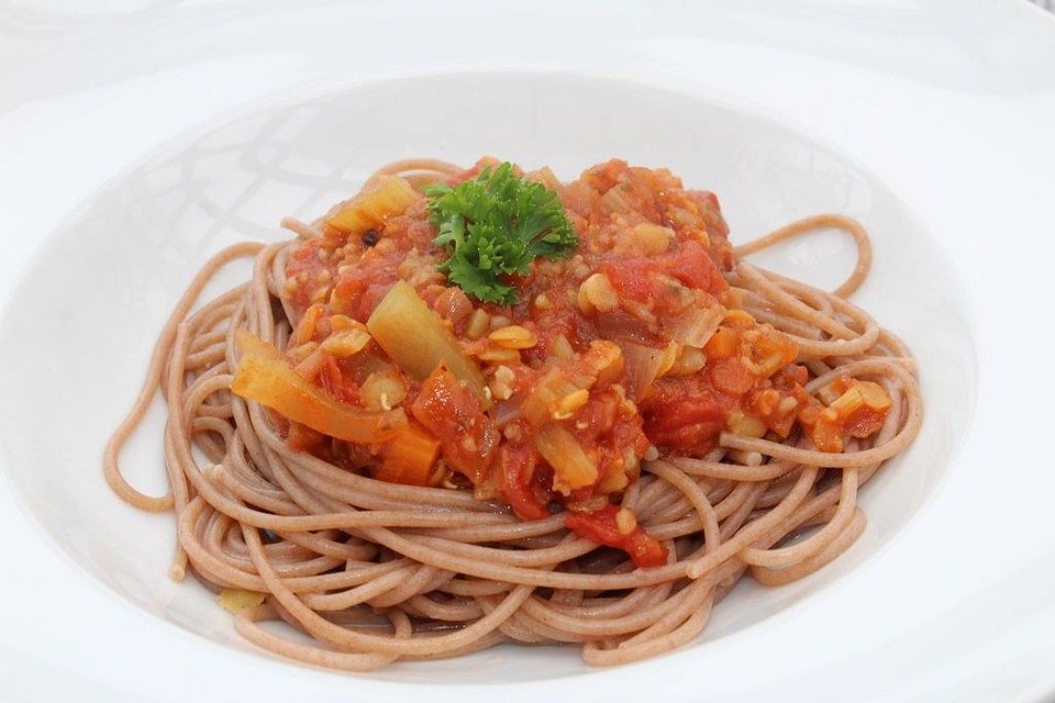 Meine vegane Linsen-Grünkern-Bolognesesauce