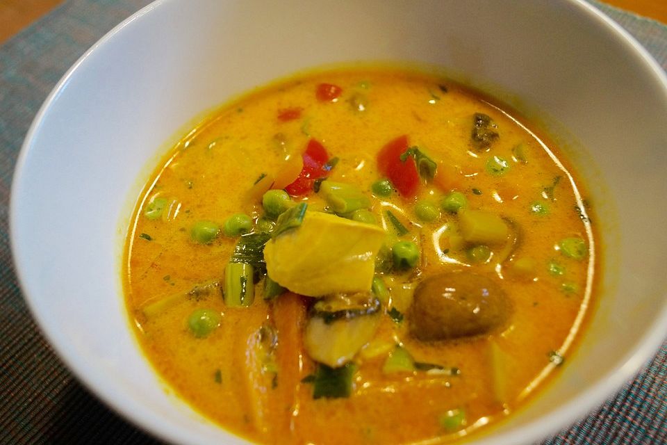 Asiatische Gemüsesuppe mit Pouleteinlage Asiatische Gemüsesuppe mit Pouleteinlage