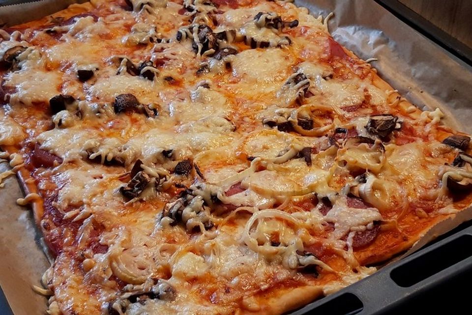 Pizza Salami mit Zwiebeln und Paprika