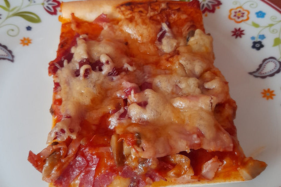 Pizza Salami mit Zwiebeln und Paprika