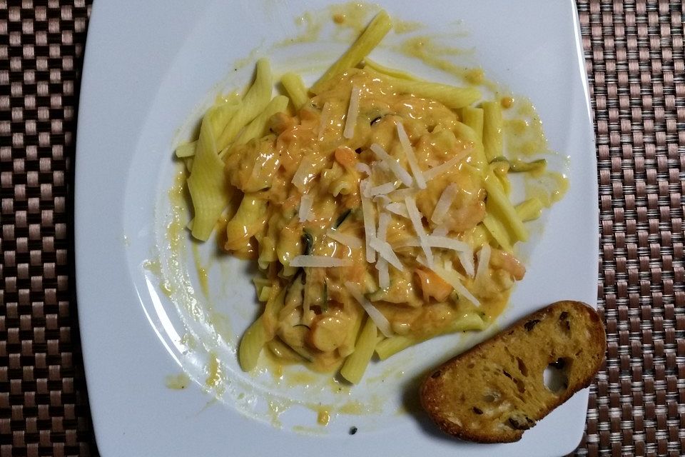 Roberts Pasta mit Flusskrebsen und Karotten-Zucchini-Julienne in Hummersoße