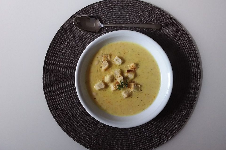 Weiße Bohnensuppe mit Brotcroûtons