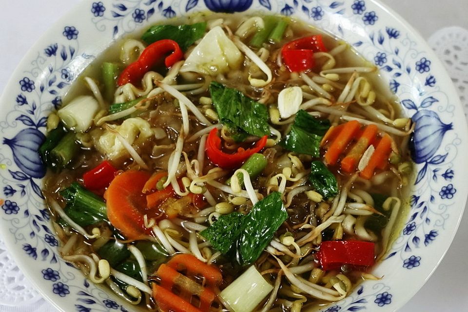 Chinesische Gemüsesuppe mit Nudeln und Eispilzen