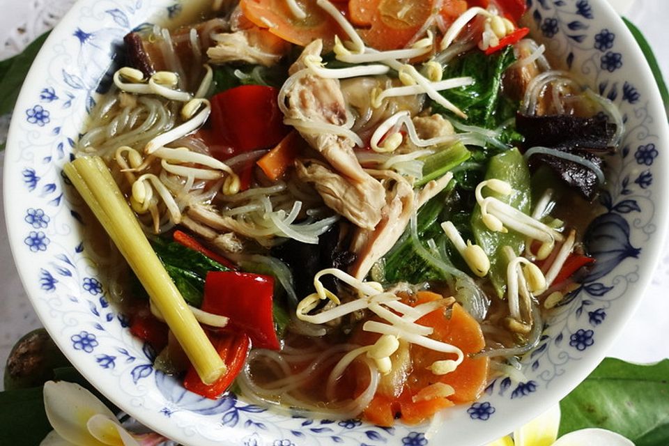 Pikante chinesische Nudelsuppe mit Huhn und Pilzen