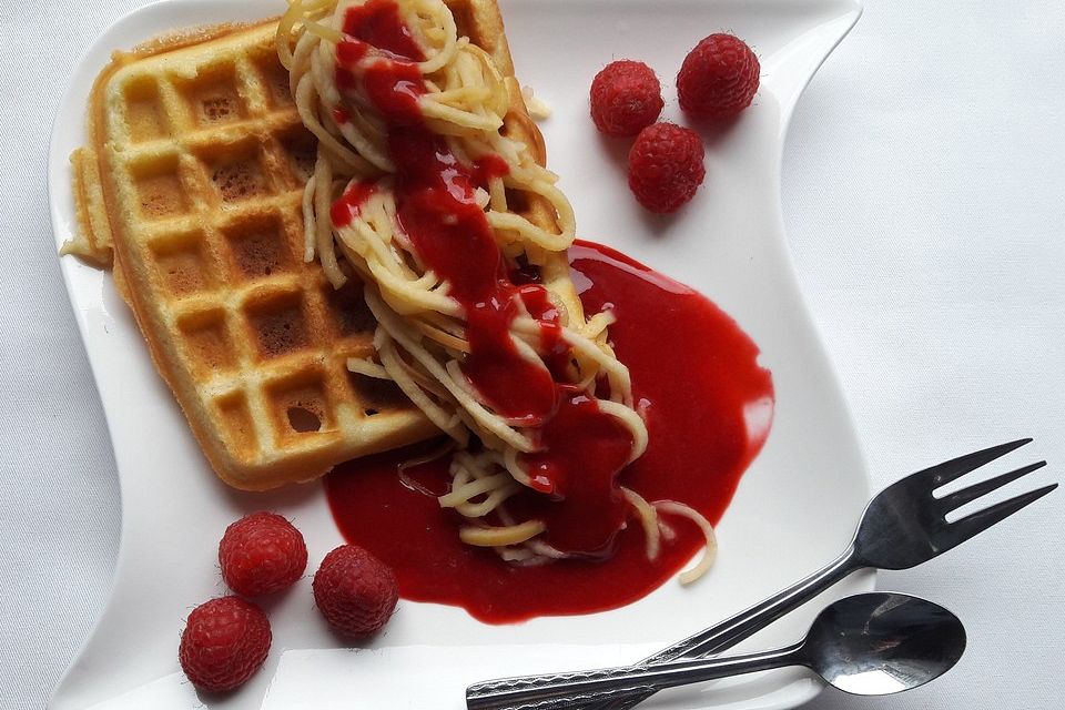 Mandelwaffeln mit Himbeersoße und Apfelspaghetti