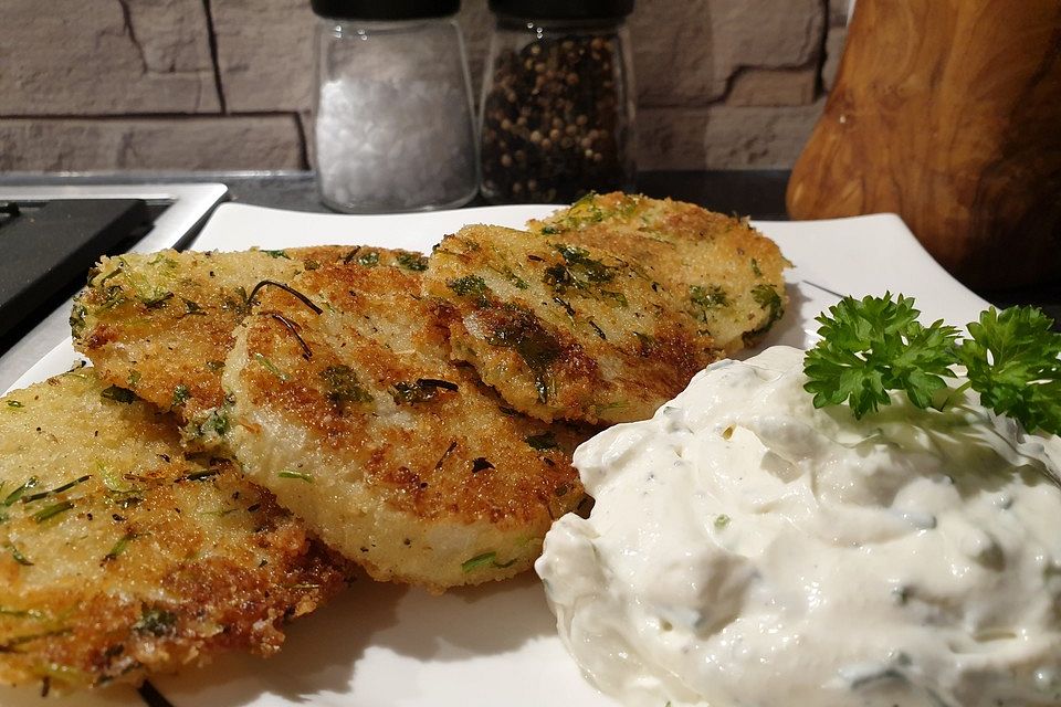 Kohlrabi in Parmesan-Kräuter-Kruste mit Sour Cream-Dip