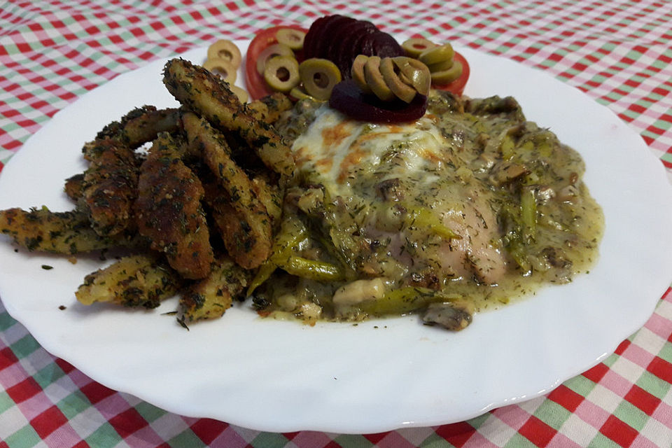 Überbackenes Welsfilet mit einer Dill-Champignon-Spargelhaube