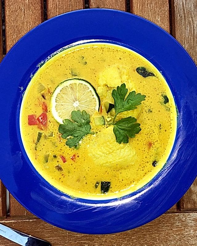 Gelbe Currysuppe mit Fisch