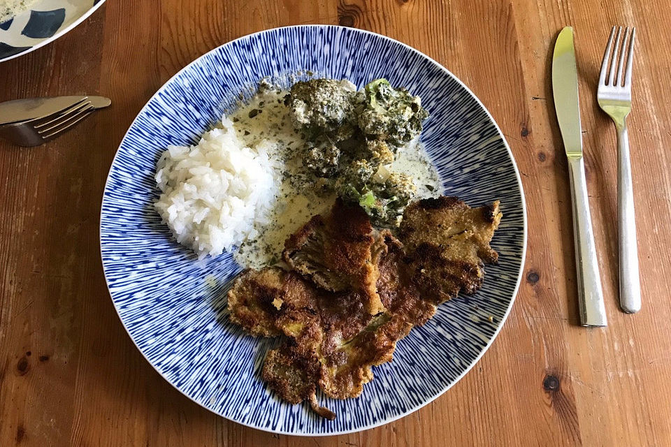 Austernpilz-Schnitzel mit Brokkoli-Sahnesoße und Jasminreis