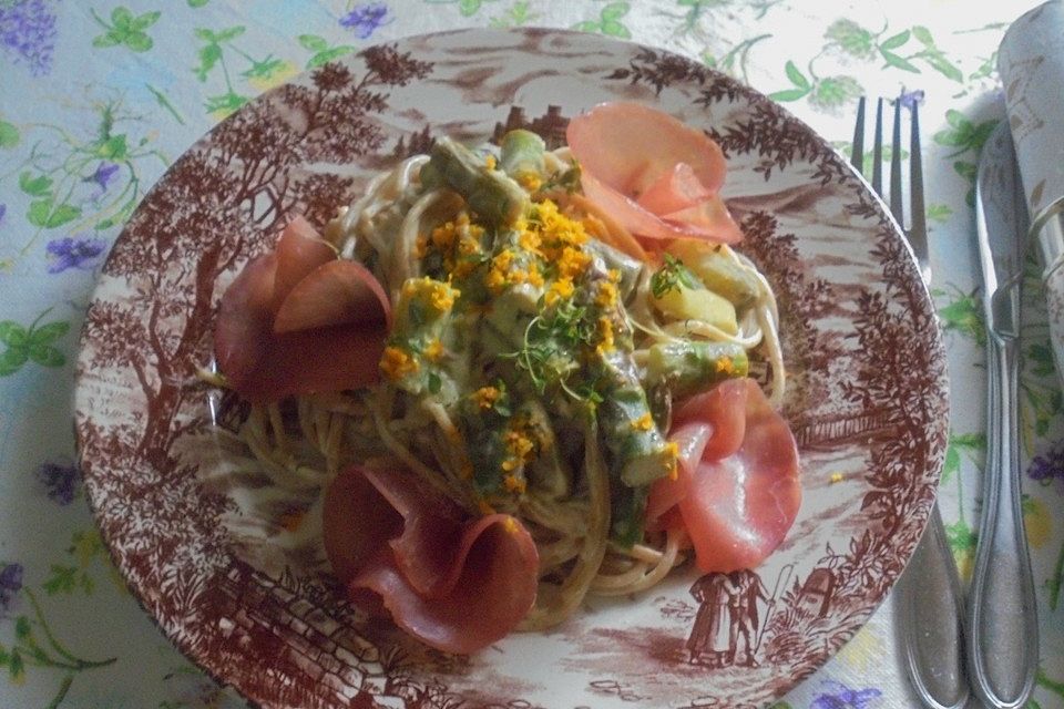 Spaghetti mit Spargel und Lachsschinken