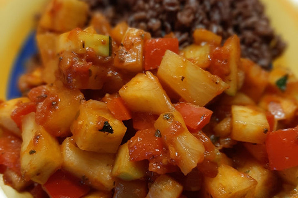 Schnelle vegane Zuchini-Paprika-Tomaten-Pfanne mit Reis