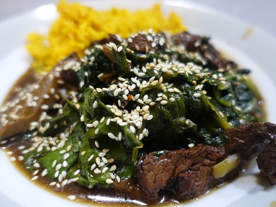 Rindfleisch aus dem Wok mit Spinat und Shiitake von hefide| Chefkoch