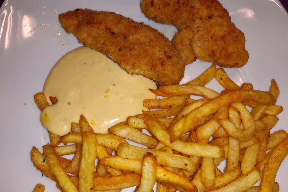 Chili-Chicken aus der Fritteuse mit Knusperpommes und süßer Chilisauce