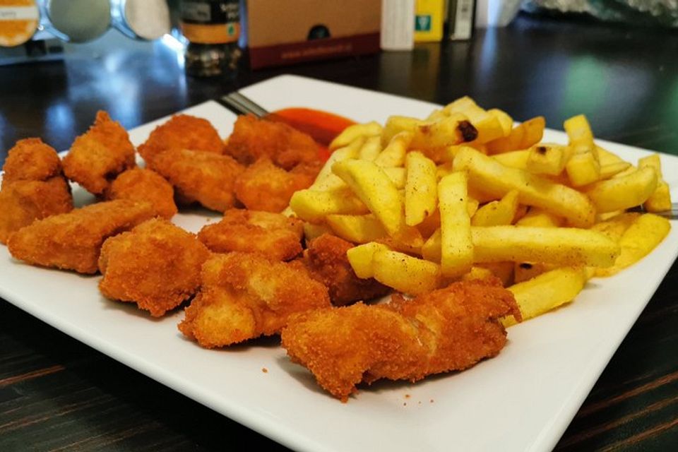 Chili-Chicken aus der Fritteuse mit Knusperpommes und süßer Chilisauce