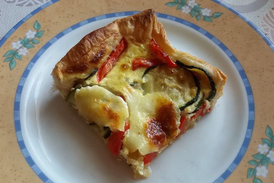 Blätterteig-Quiche mit Zucchini, Paprika und Mozzarella