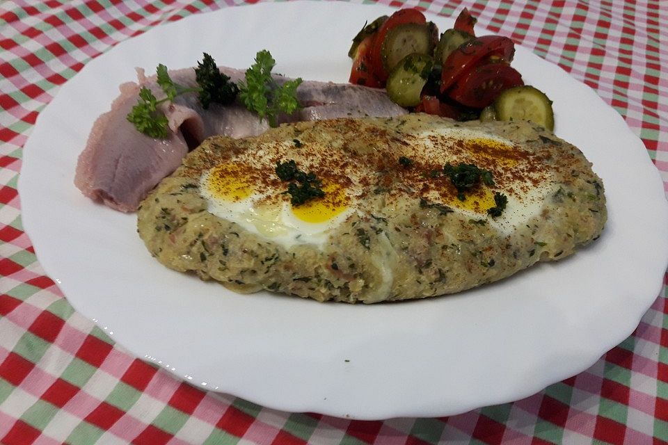 Gebackenes Kartoffelpüree mit Matjes