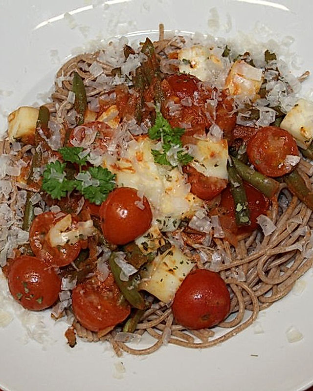 Spaghetti mit Bohnen, Tomaten und Feta