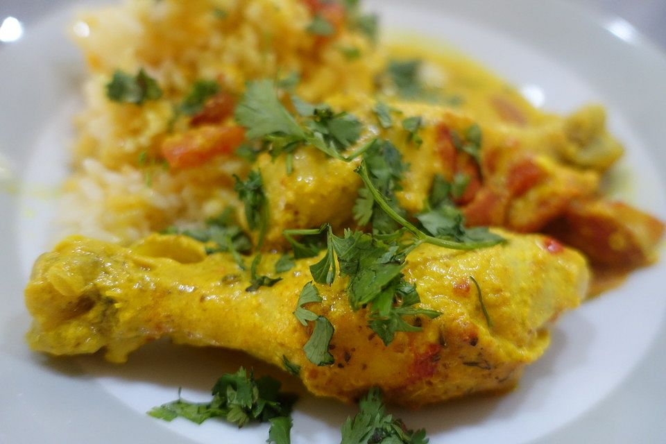 Hähnchenkeulen-Tikka mit Linsen-Pistazien-Reis